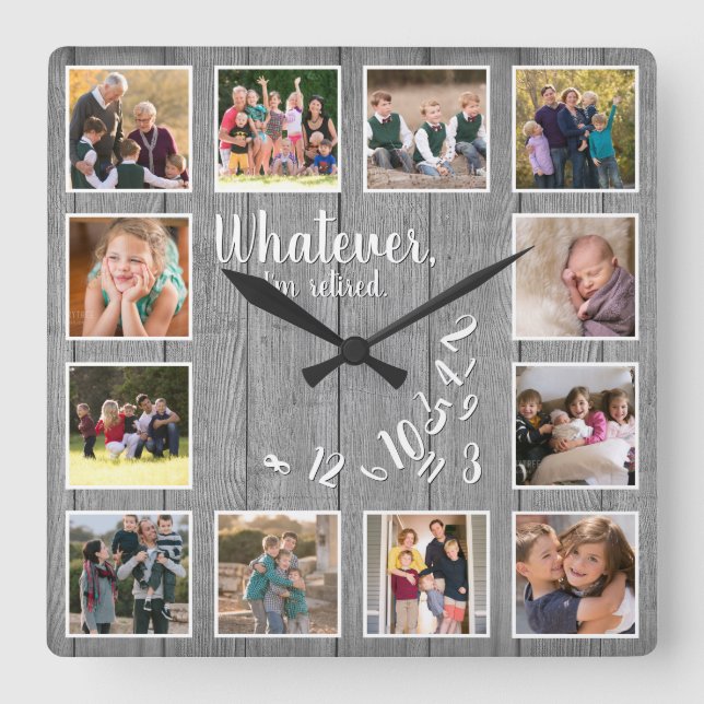 Horloge Carrée I'm Retired Photo Collage Rustic Wood Retirement (Recto)