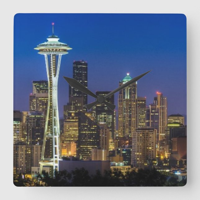 Horloge Carrée Image de Seattle Skyline le matin. (Recto)