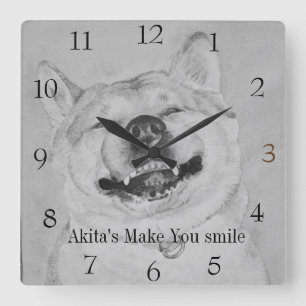 Horloge Carrée image drôle de chien d'akita souriant avec le