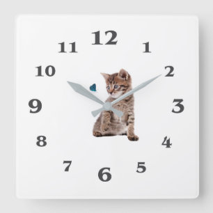 Horloge Carrée Image Kitten et Butterfly pour Carré-Wall-Clock