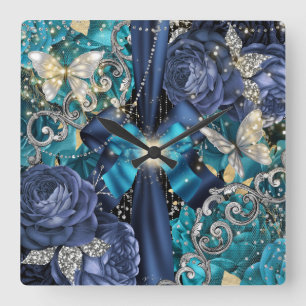 Horloge Carrée Imaginaire à papillon bleu d'argent d'Aqua shabby 