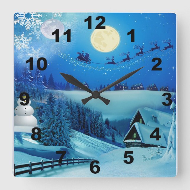 Horloge Carrée Imaginaire de vacances hivernales neige (Recto)