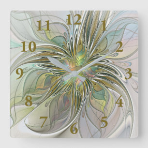 Horloge Carrée Imaginaire Floral Fleur Art Fractal Moderne Avec O