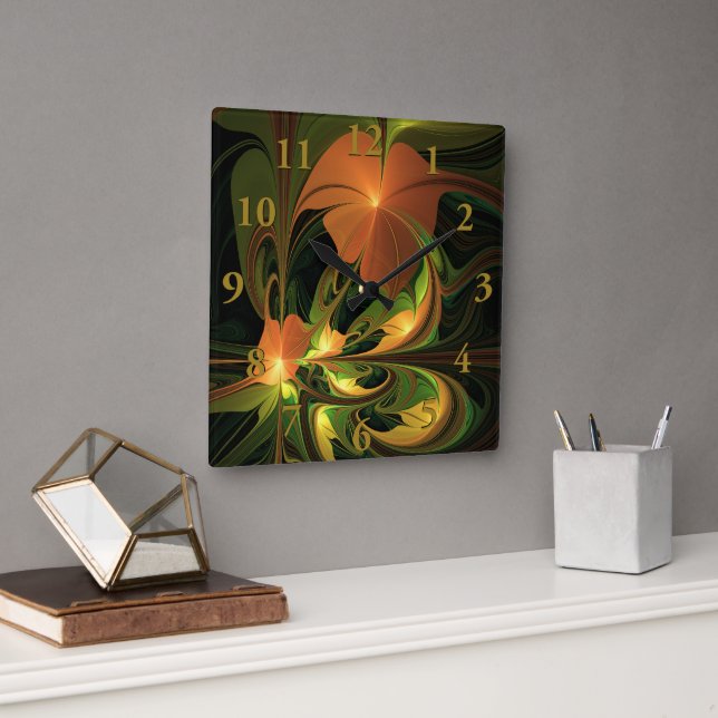 Horloge Carrée Imaginaire Plante Abstrait rouille verte Brown fra (Bureau)