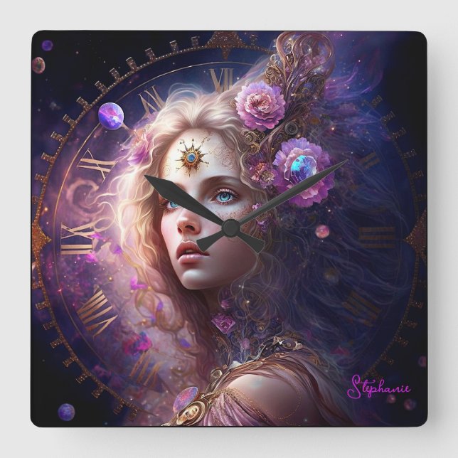 Horloge Carrée Imaginaire Princesse Fleurs violettes (Recto)