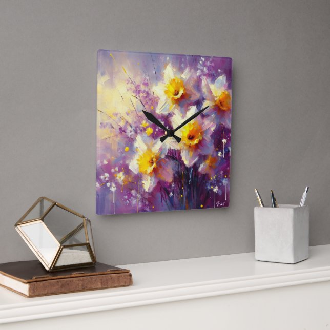 Horloge Carrée Impressionniste Daffodique Floral Purple Jaune Art (Bureau)