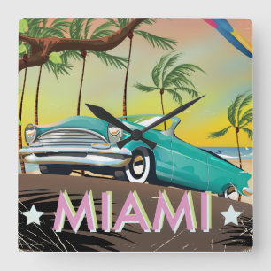 Horloge Carrée Imprimé de voyage rétro vintage Miami