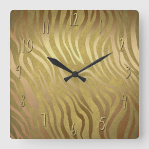 Horloge Carrée Imprimé Zèbre Bronze Doré Safari Jungle Glam