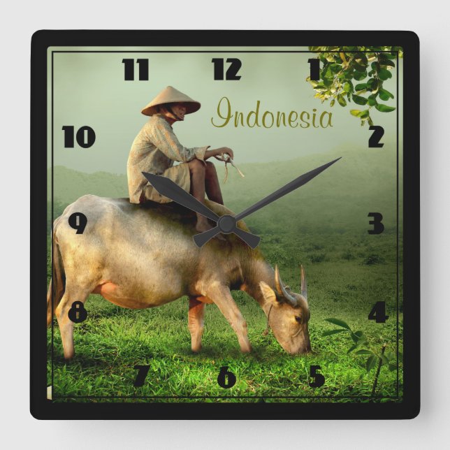 Horloge Carrée Indonesia Scenic landscape with Buffalo and Farmer (Recto)