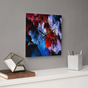 Horloge Carrée Inferno réfrigéré Bleu Rouge Art Abstrait contempo