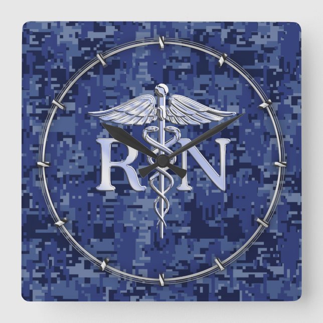 Horloge Carrée Infirmière autorisée RN Caduceus sur Camo Bleu (Recto)