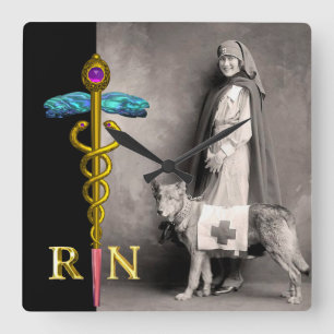 Horloge Carrée INFIRMIÈRE ET CHIEN DE SAUVETAGE / Emblème RN Cadu