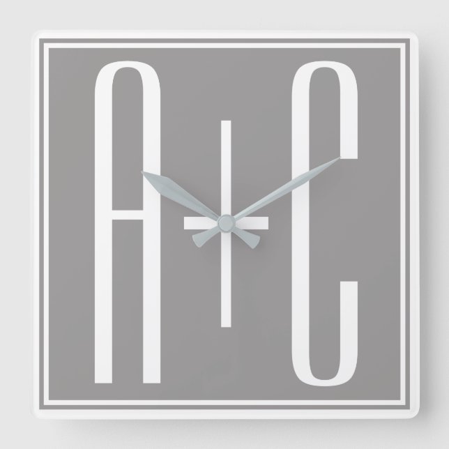 Horloge Carrée Initails ou Other Text | White & Grey (Recto)