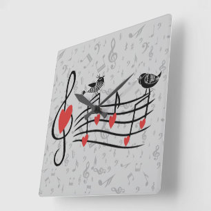 Horloge Carrée Inséparables de musique sur Grey Notes musicales