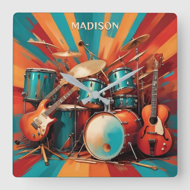 Horloge Carrée Instruments de musique de nom personnalisé (Recto)