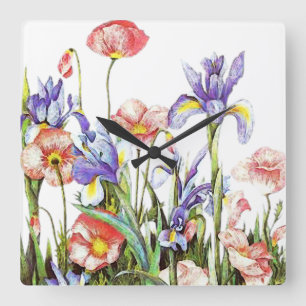 Horloge Carrée Iris et fleurs de pavot Aquarelle Florale