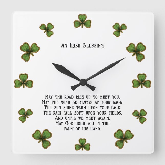 Horloge Carrée Irish Blessing et Shamrock noir et vert (Recto)