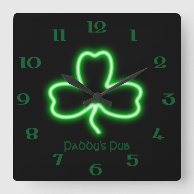 Horloge Carrée Irish themed Shamrock personnalisé Pub neon sign (Recto)