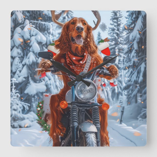 Horloge Carrée Irlandais Red Setter Chien chevauchant la moto Noë (Recto)