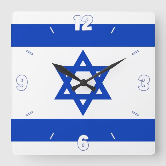 Horloge Carrée Israël Drapeau étoile de David Bleu Blanc chiffres (Recto)