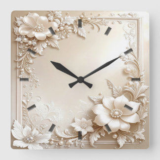 Horloge Carrée Ivory Flowers Wall Clock