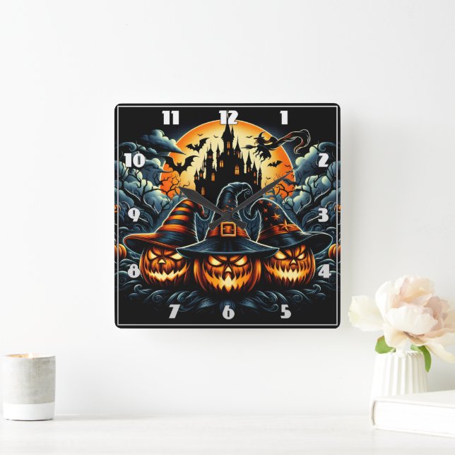 Horloge Carrée Jack-o-lanternes brille sous le clair de lune (Maison)