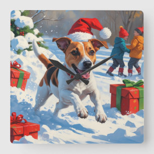 Horloge Carrée Jack Russell courant dans la neige avec un chapeau