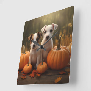 Horloge Carrée Jack Russell Puppy Automne Citrouille de plaisir