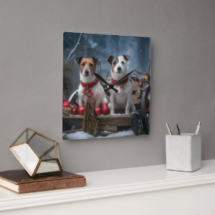 Horloge Carrée Jack Russell Snowy Sleigh Décor de Noël