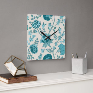 Horloge Carrée Jacobean Floral Lg Motif Teals sur Crème