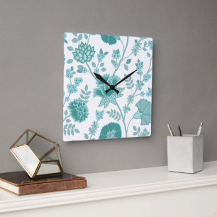 Horloge Carrée Jacobean Floral Lg Motif Teintures sur blanc
