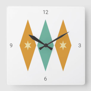 Horloge Carrée Jacquard Diamond Starburst Mid Century Retro