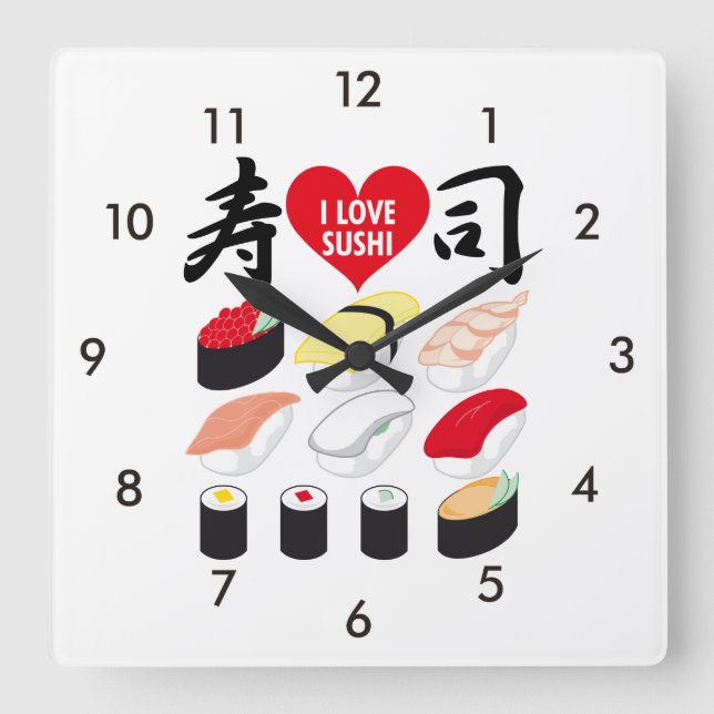 Horloge Carrée J'Aime Le Sushi (Recto)