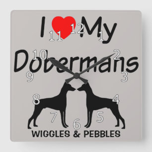 Horloge Carrée J'Aime Mes DEUX Chiens Pinscher Doberman