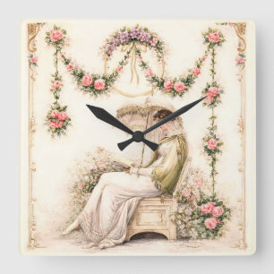 Horloge Carrée Jardin de roses de la Régence lisant une dame