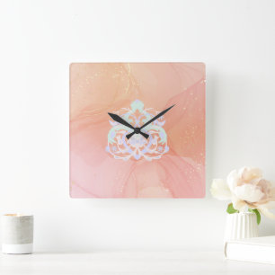 Horloge Carrée Jardin du cœur bleu floral vert