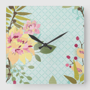 Horloge Carrée Jardin floral, Arrière - plan bleu