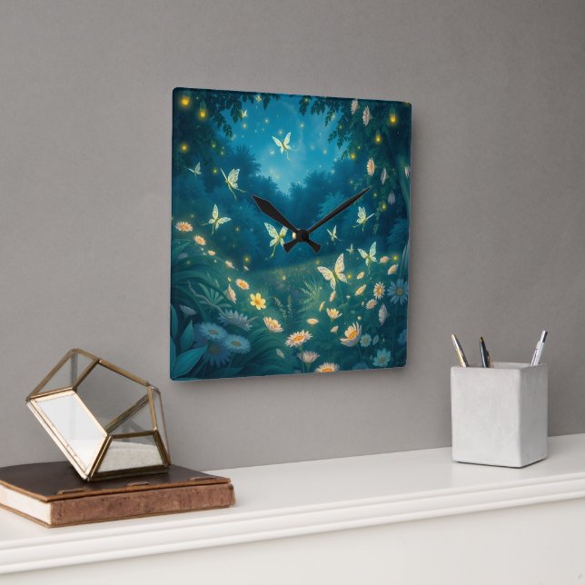 Horloge Carrée Jardin nocturne avec des fleurs et des lucioles (Bureau)