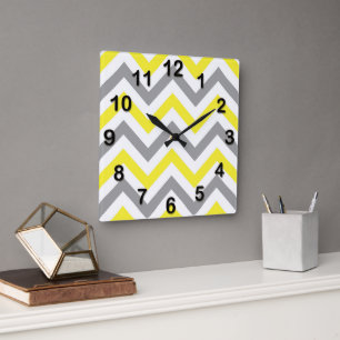 Horloge Carrée Jaune, Gris Dk What Grand Motif Chevron ZigZag