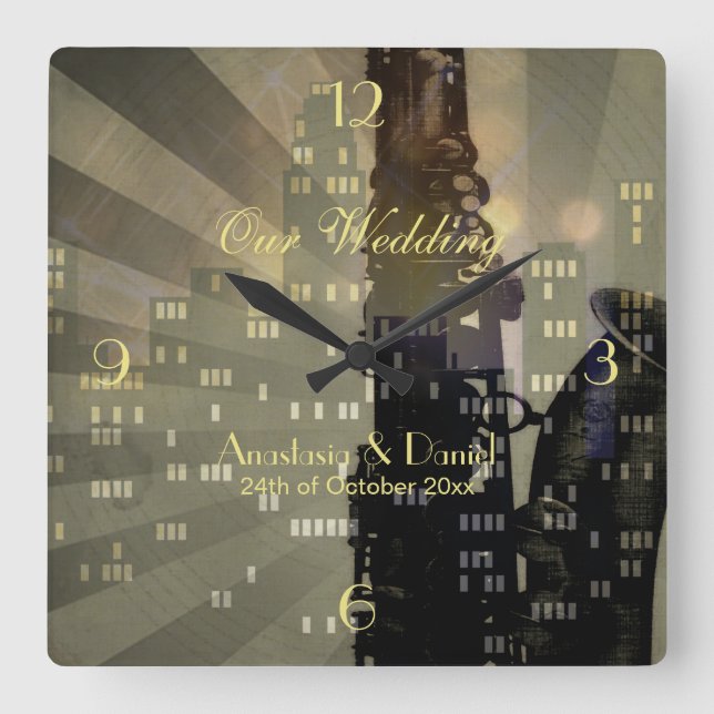 Horloge Carrée Jazz Age Saxophone City Skyline Mariage Cadeau (Recto)