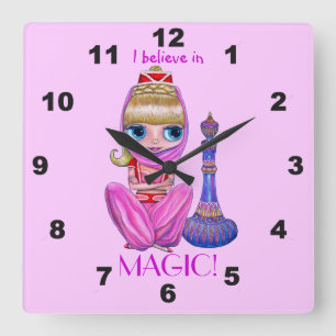 Horloge Carrée Je crois en la poupée de génies rose magique migno