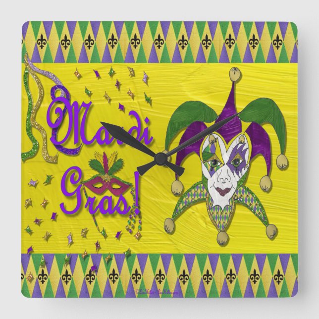 Horloge Carrée Jester Mask Mardi Gras Arlequin (Recto)