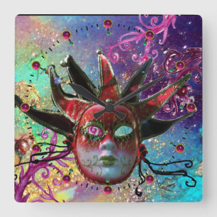 Horloge Carrée JESTER NOIR ET ROUGE MASK Blue Masquerade Party