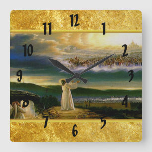 Horloge Carrée Jésus à la Porte du Ciel Design de Texture Or
