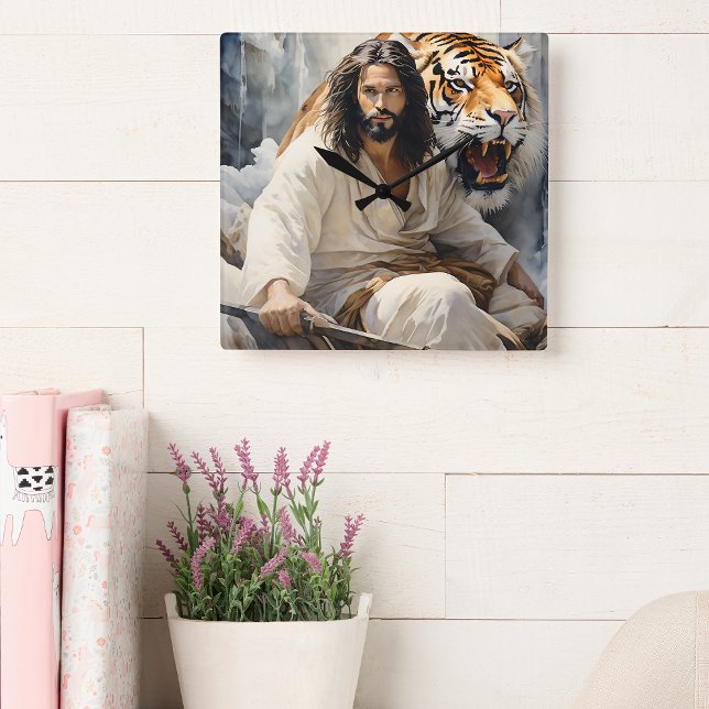 Horloge Carrée Jésus assis sur un rocher avec un tigre (Créateur téléchargé)