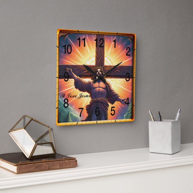 Horloge Carrée Jésus cloué à la croix de bois (Bureau)
