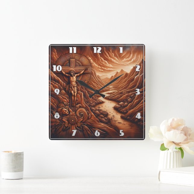 Horloge Carrée Jesus Crucifixy in Serene Mountain Landscape (Maison)