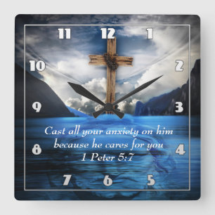 Horloge Carrée Jésus dans l'eau ondulante 1 Pierre 5:7