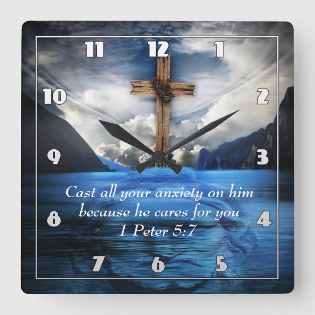 Horloge Carrée Jésus dans l'eau ondulante 1 Pierre 5:7 (Recto)