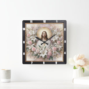 Horloge Carrée Jésus entouré de Lilies Roses